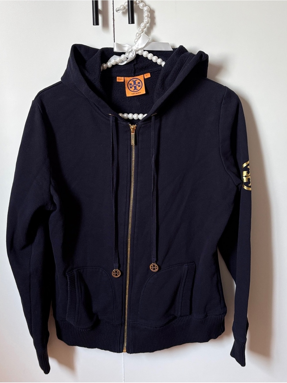 TORY BURCH Zip Up Jacket Hoodie | Navy Gold Logo | L